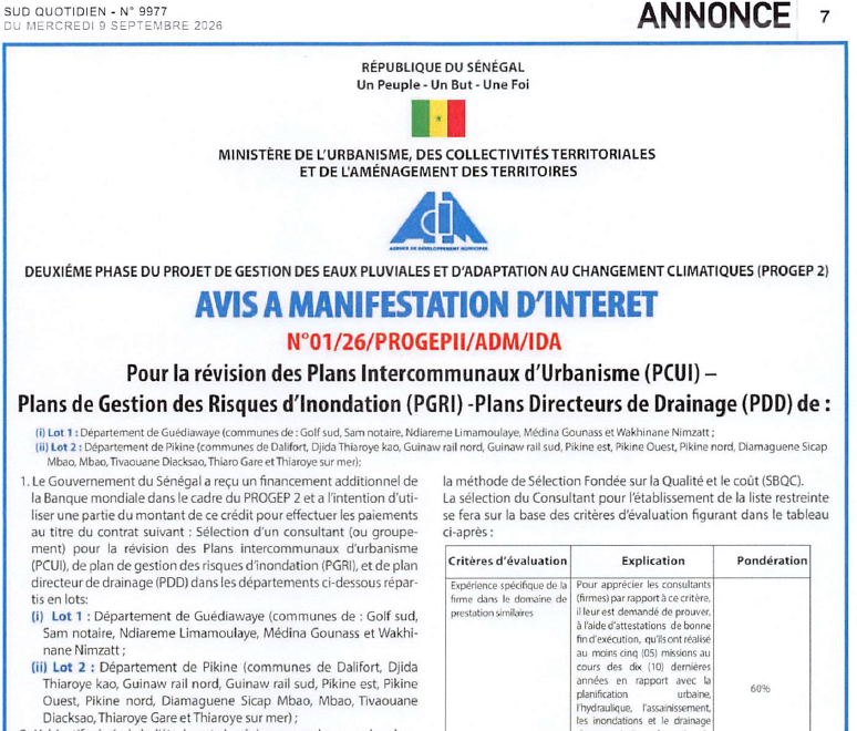 AVIS A MANIFESTATION D’INTERET  N°01/26/PROGEPII/ADM/IDA