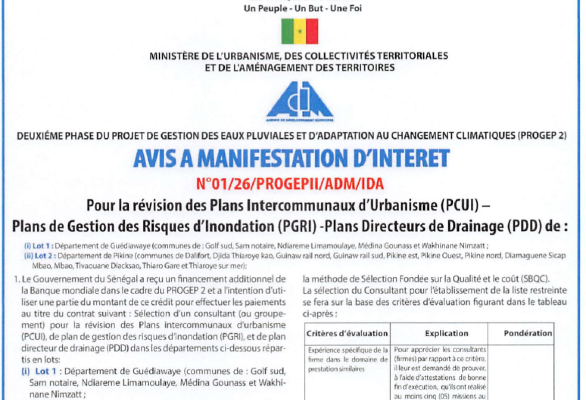 AVIS A MANIFESTATION D’INTERET  N°01/26/PROGEPII/ADM/IDA
